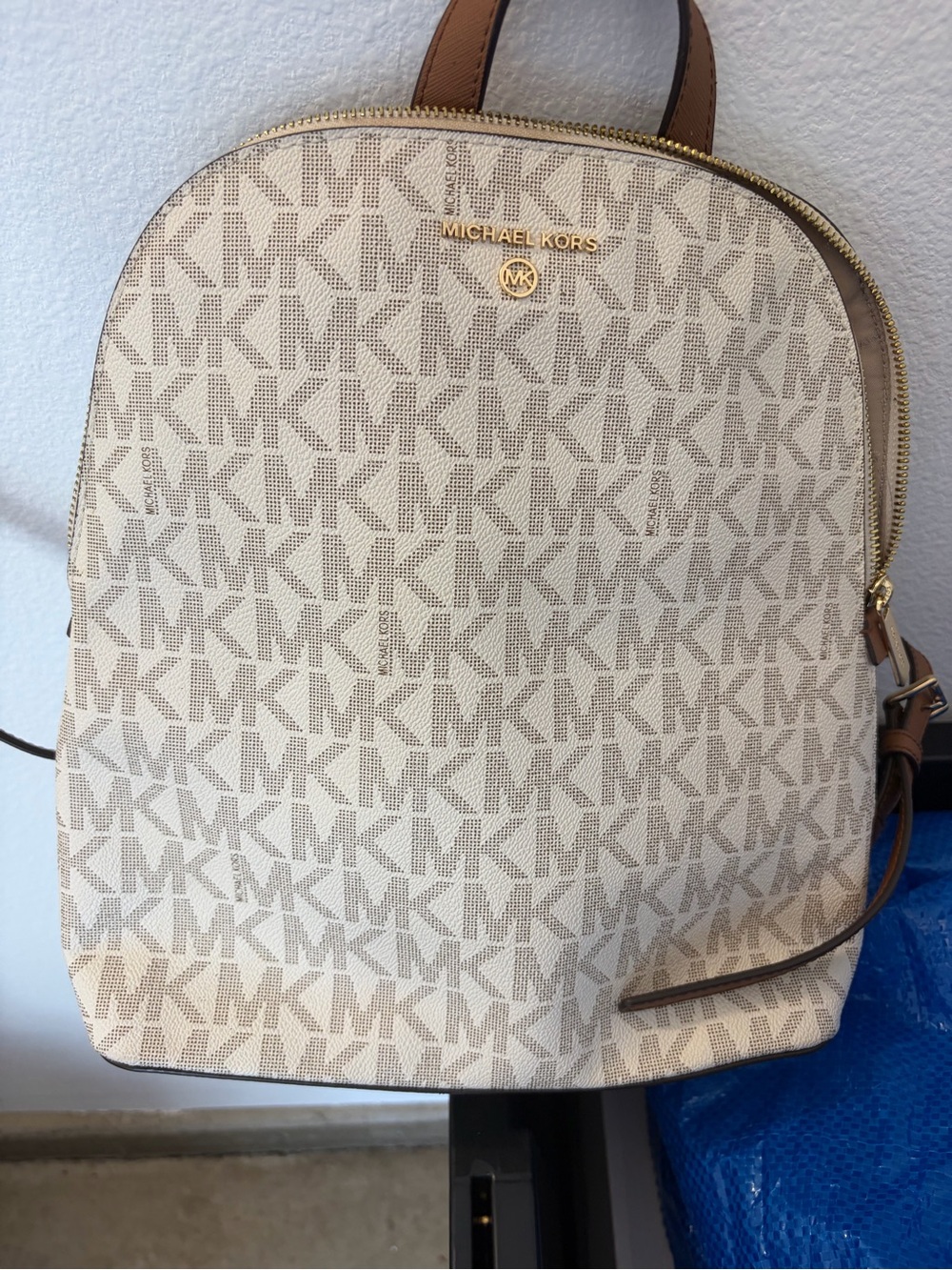 Michael Kors Cream and Tan Logo Backpack with Gold Hardware